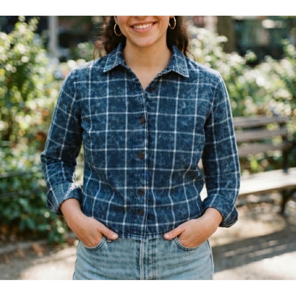 Thread & Supply Blue Acid Wash Windowpane Plaid Button Down Shirt Small
